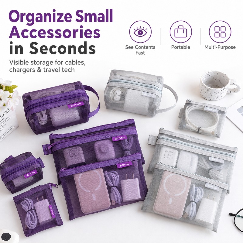 Tech Woven Accessories - 6PCS Portable Mesh Tech Accessory Bag,