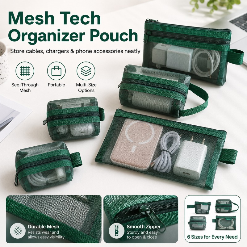 Tech Woven Accessories - 6PCS Mesh Tech Organizer Pouch, Portable