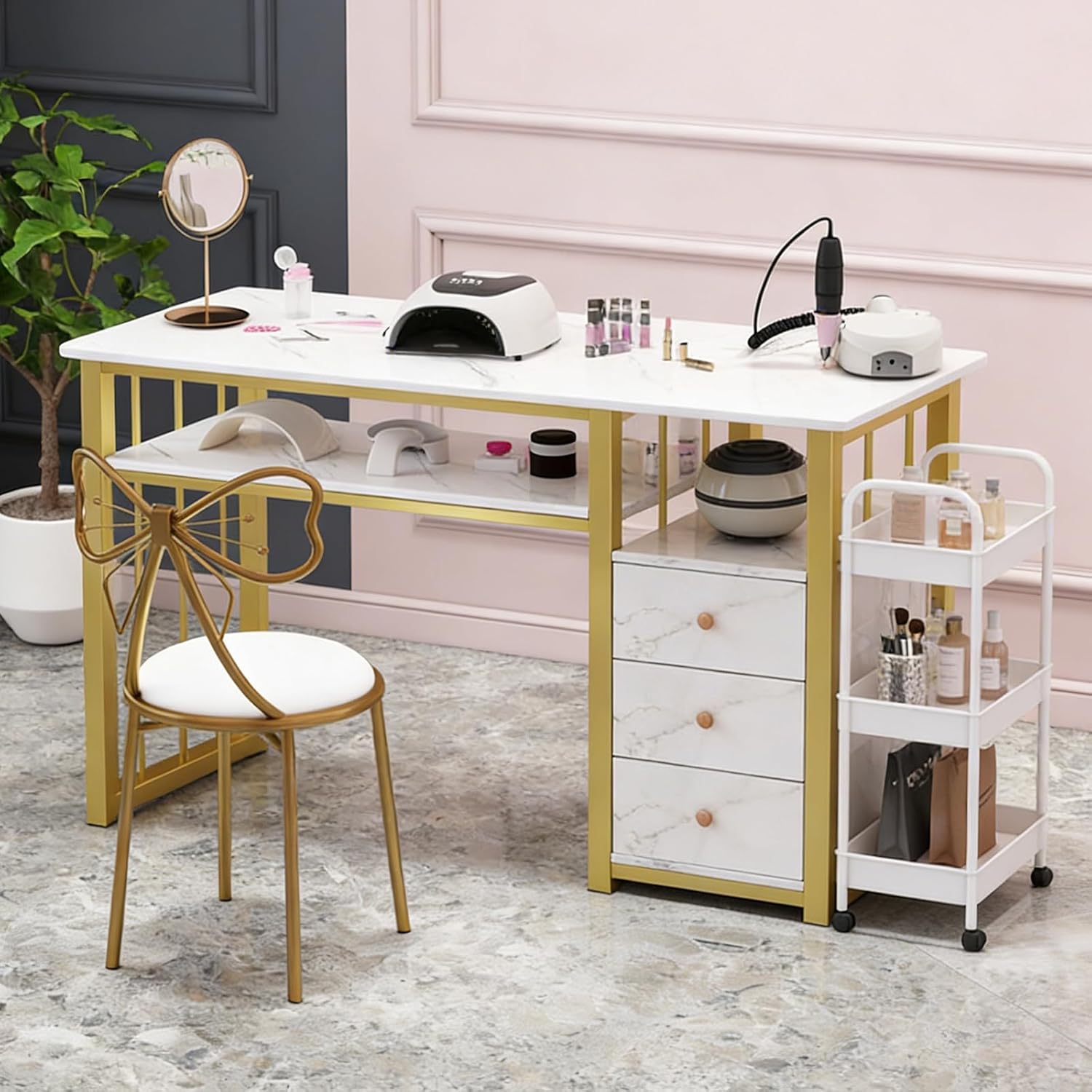Tech Room Accessories - Marbling Texture Manicure Table, 3 Drawers